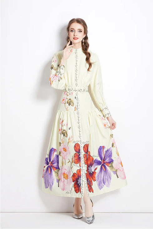 Runway Fashion Autumn Floral Print Mock Neck, Long Lantern Sleeve, Belted, Ruffled Cocktail, Party, Festive Long Maxi Dress